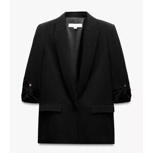Zara Rolled Up Sleeves Open Front Blazer Black